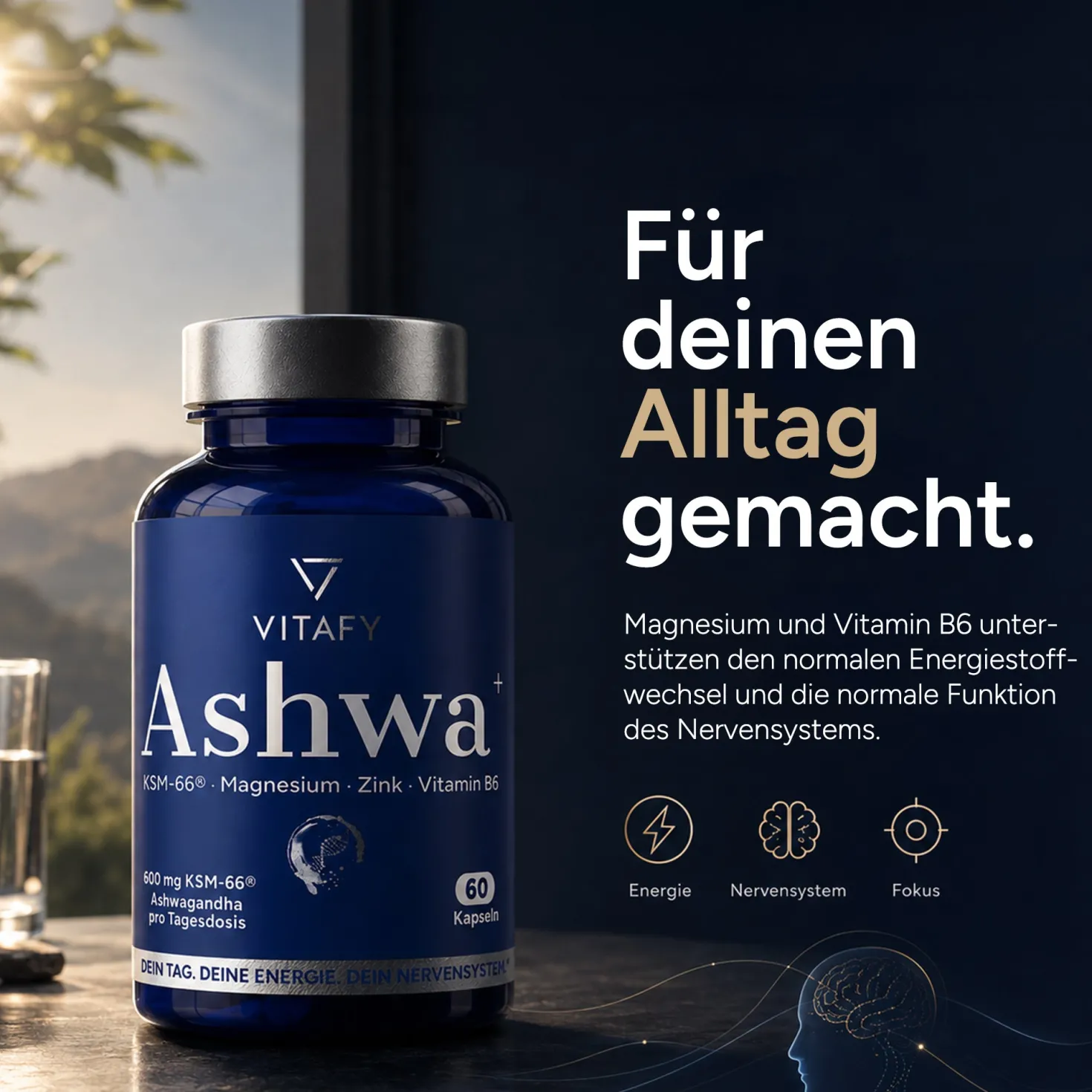 Ashwa+ Ashwagandha KSM-66® mit Magnesium, Zink & Vitamin B6 (60 Kapseln)