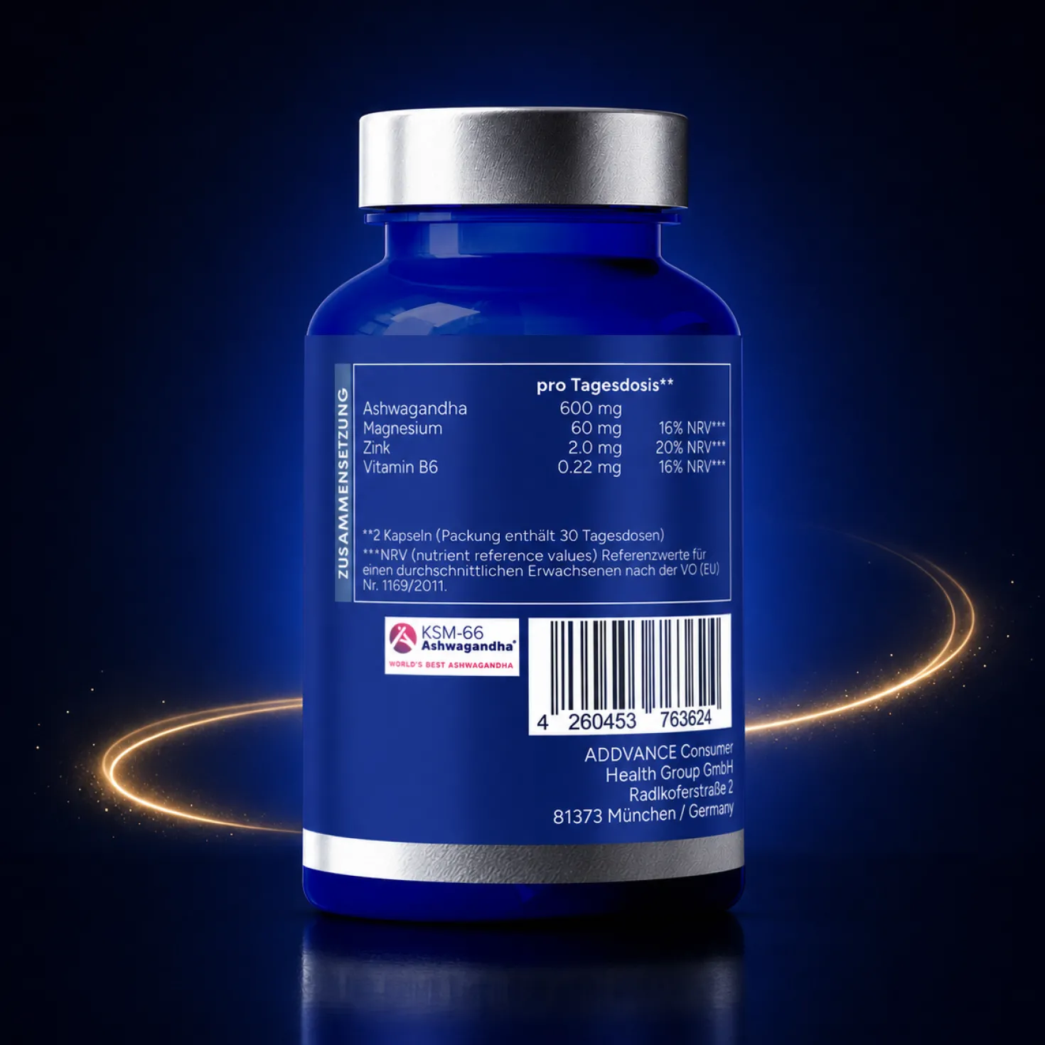 Ashwa+ Ashwagandha KSM-66® mit Magnesium, Zink & Vitamin B6 (60 Kapseln)