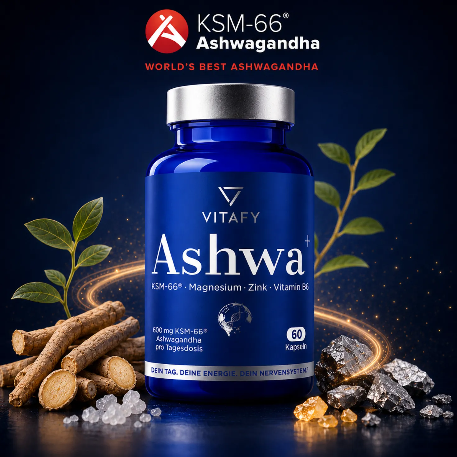 Ashwa+ Ashwagandha KSM-66® mit Magnesium, Zink & Vitamin B6 (60 Kapseln)