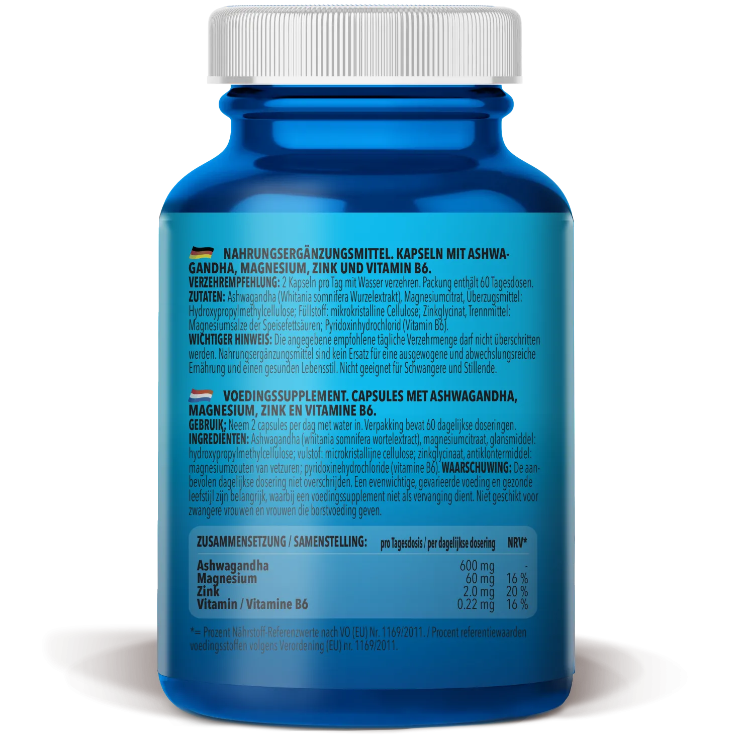 Ashwagandha + Magnesium - Zinc - Vitamin B6 (120 Kapseln)