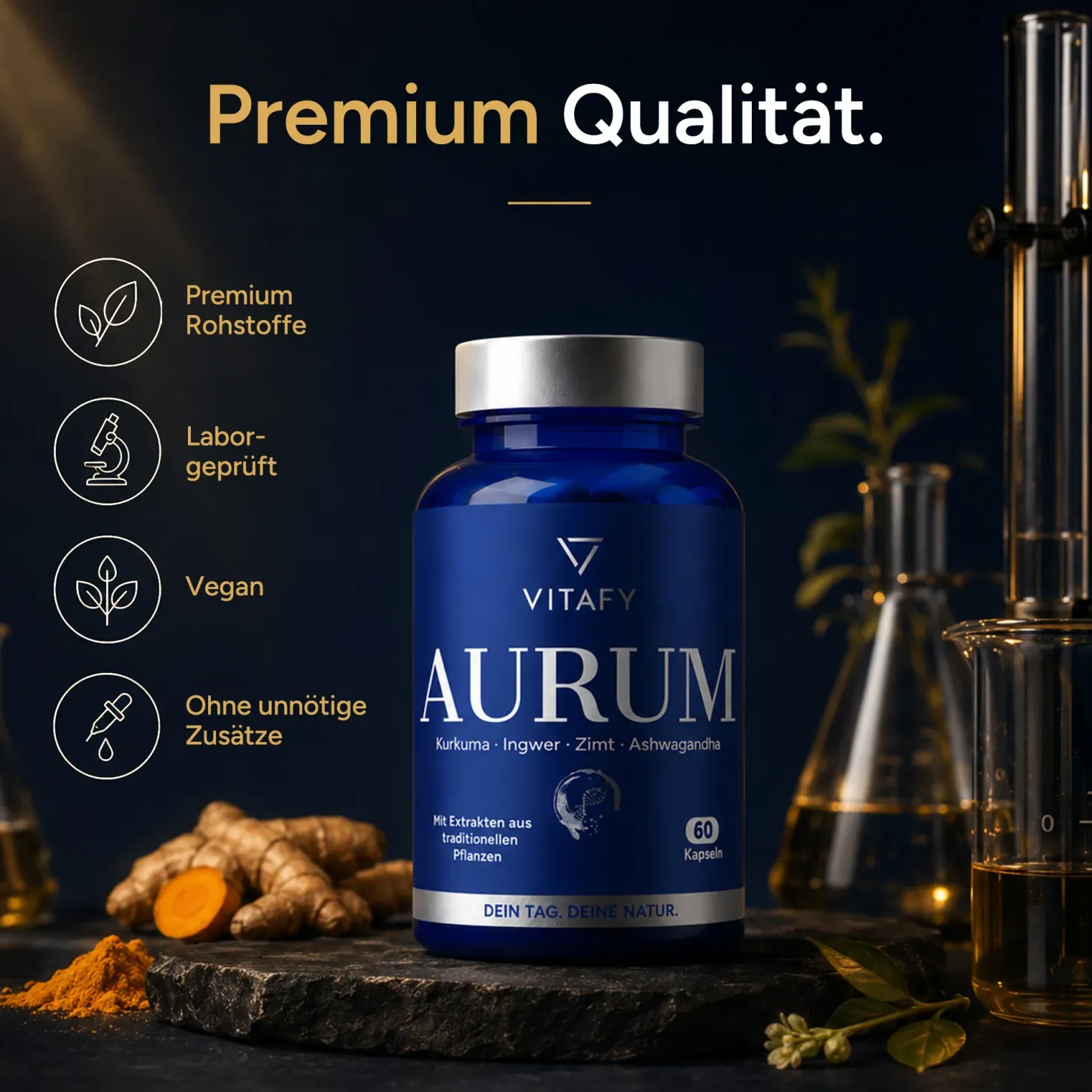 AURUM - Goldene Mischung mit Kurkuma, Ingwer, Zimt & Ashwagandha (60 Kapseln)