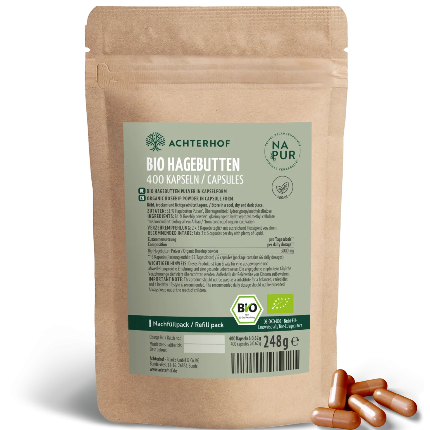 Bio Hagebutten Kapseln Nachfüllpack (400 Kapseln)