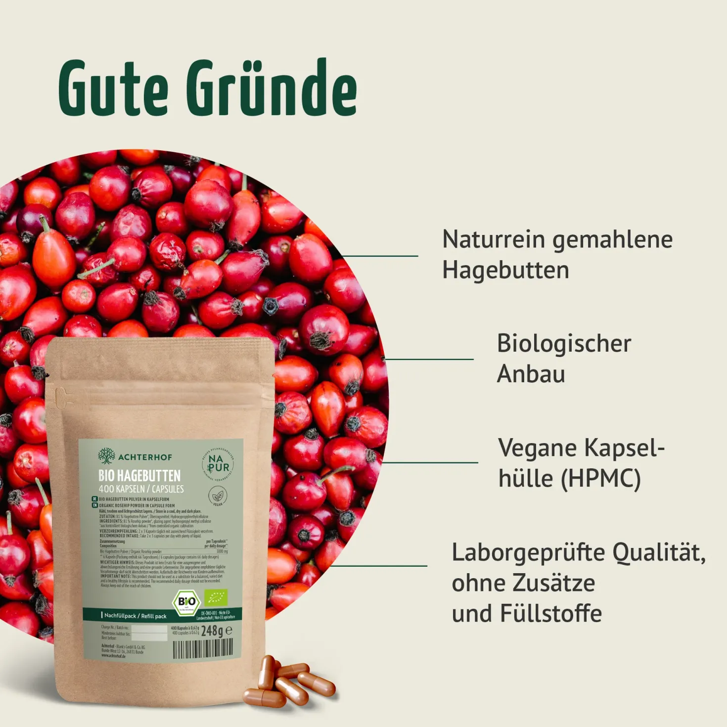 Bio Hagebutten Kapseln Nachfüllpack (400 Kapseln)