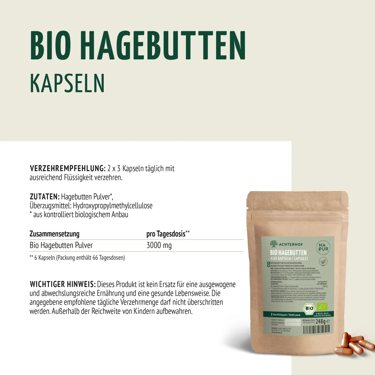 Bio Hagebutten Kapseln Nachfüllpack (400 Kapseln)