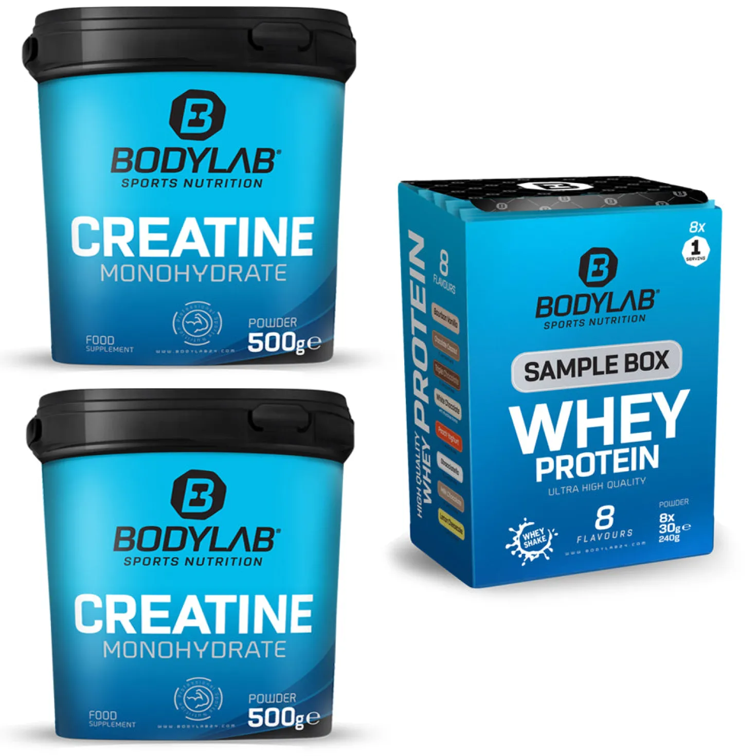 Bodylab Creatine Powder (2 x 500g) + Whey Protein Probierbox (8x30g)