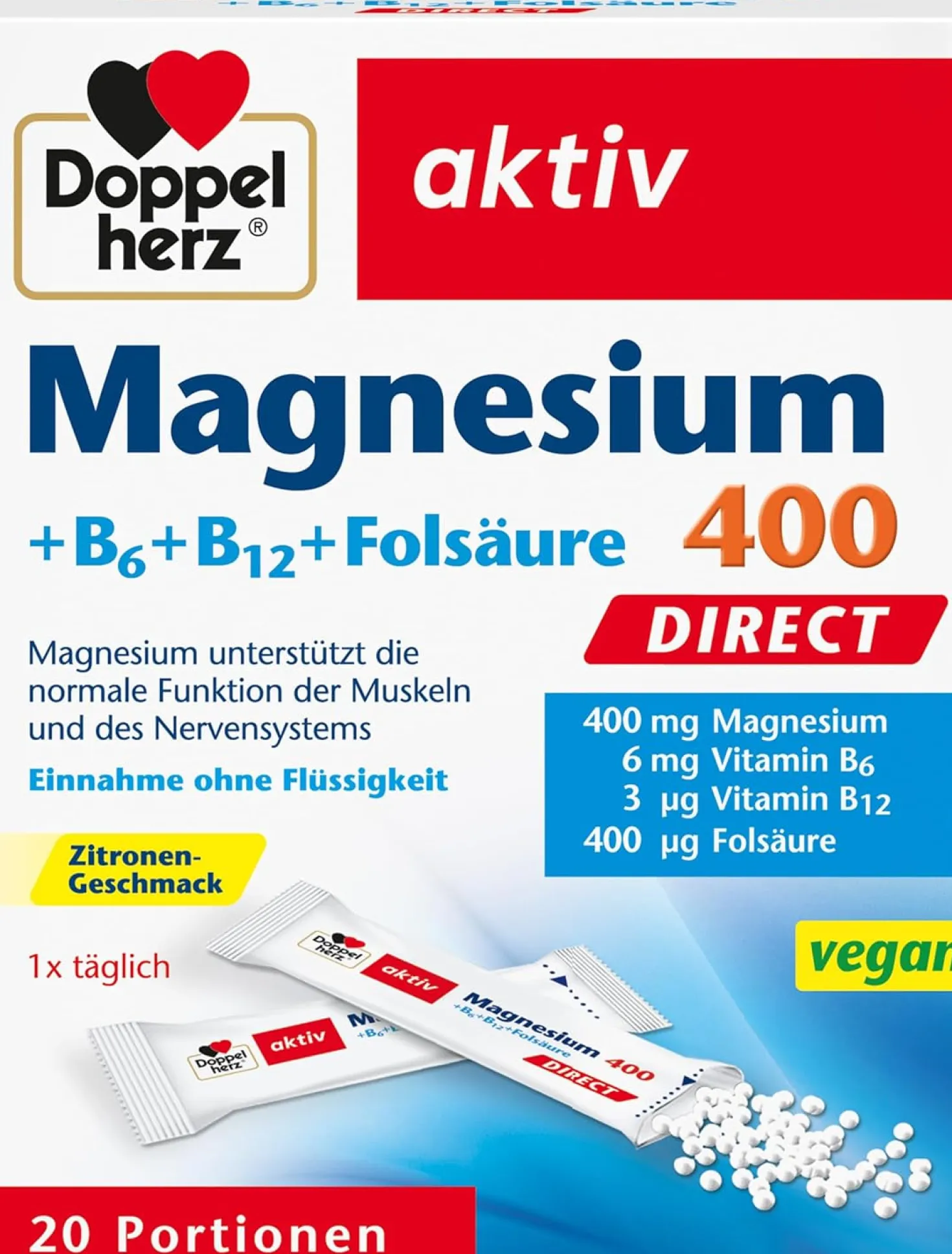 Magnesium 400 + B-Vitamine direct (20 Portionsbeutel)