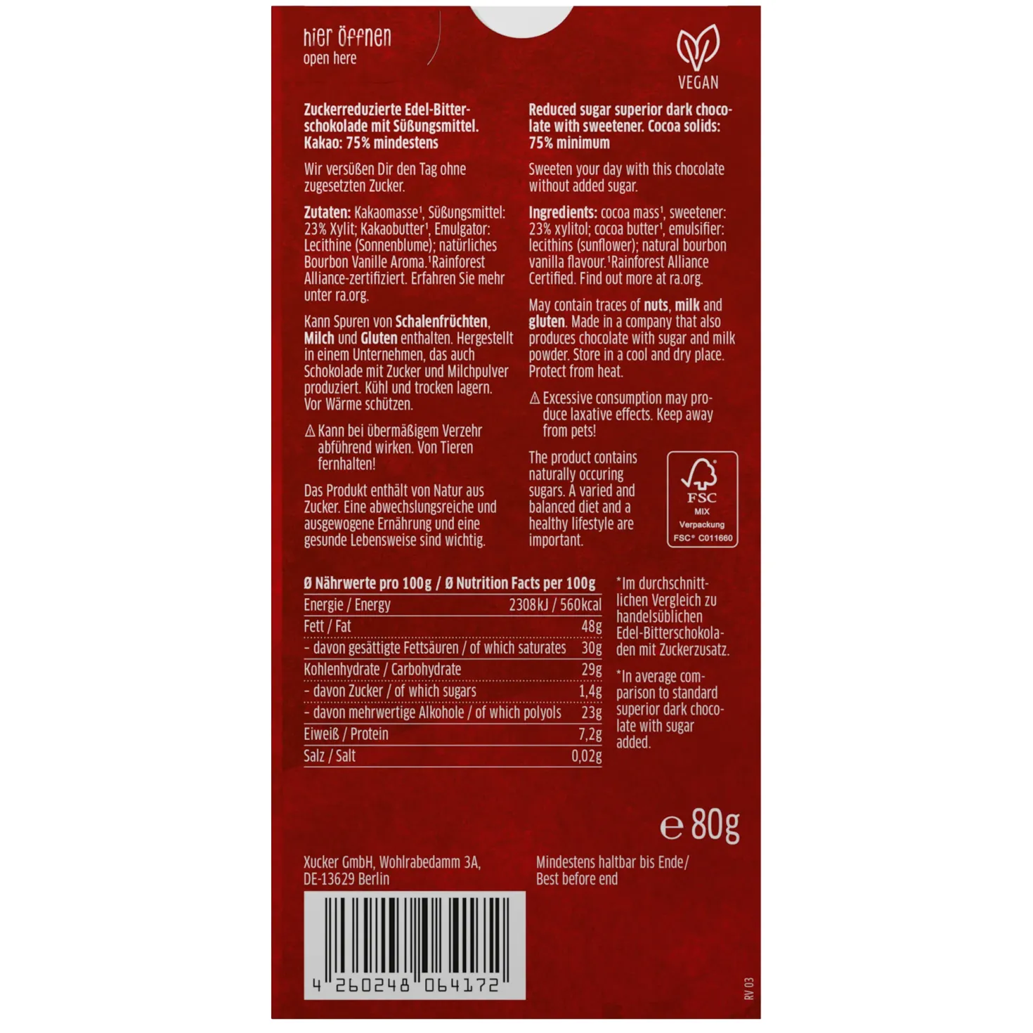 Vegane Edelbitter-Schokolade mit Xylit (80g)