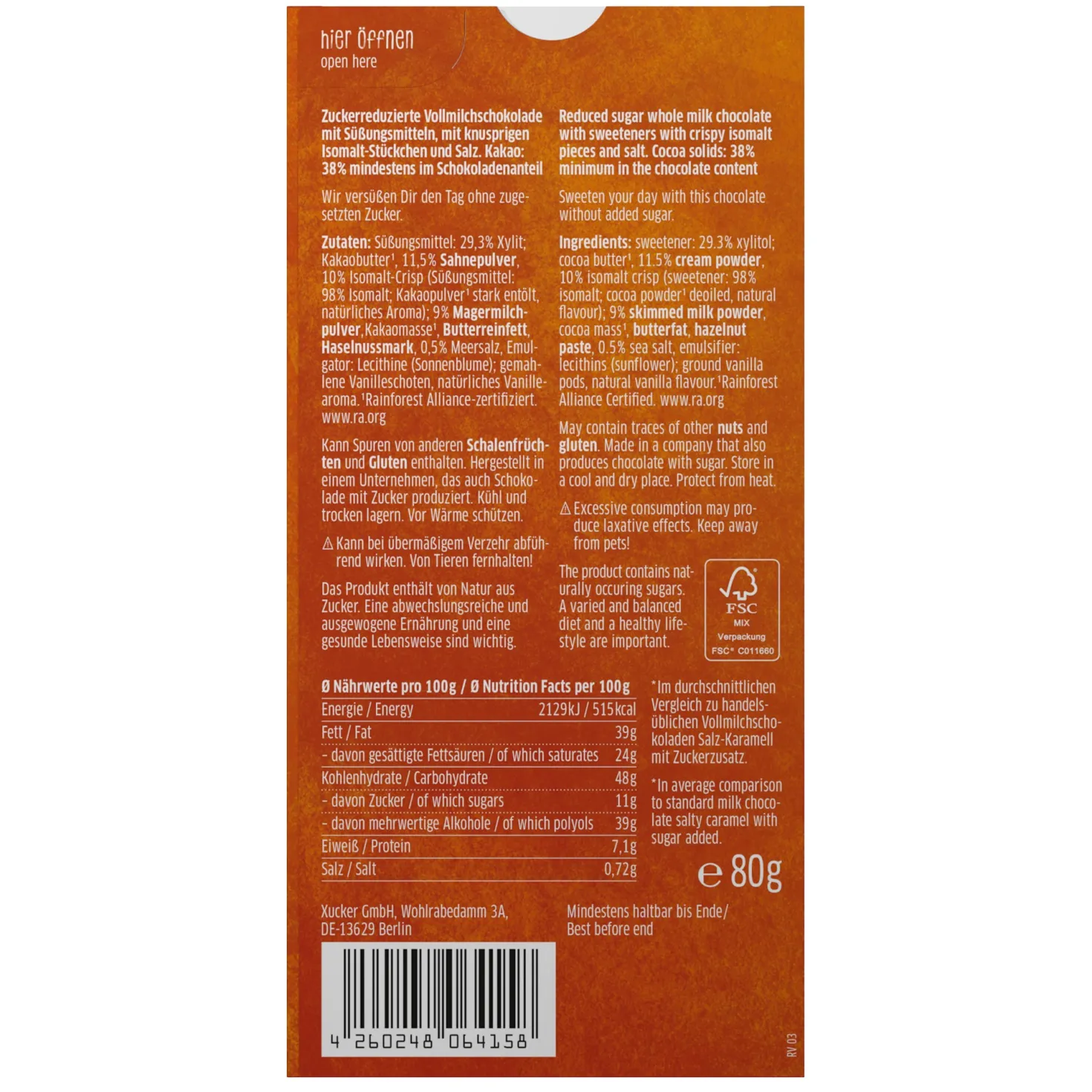 Vollmilch Xylit-Schokolade Salz-Karamell (80g)