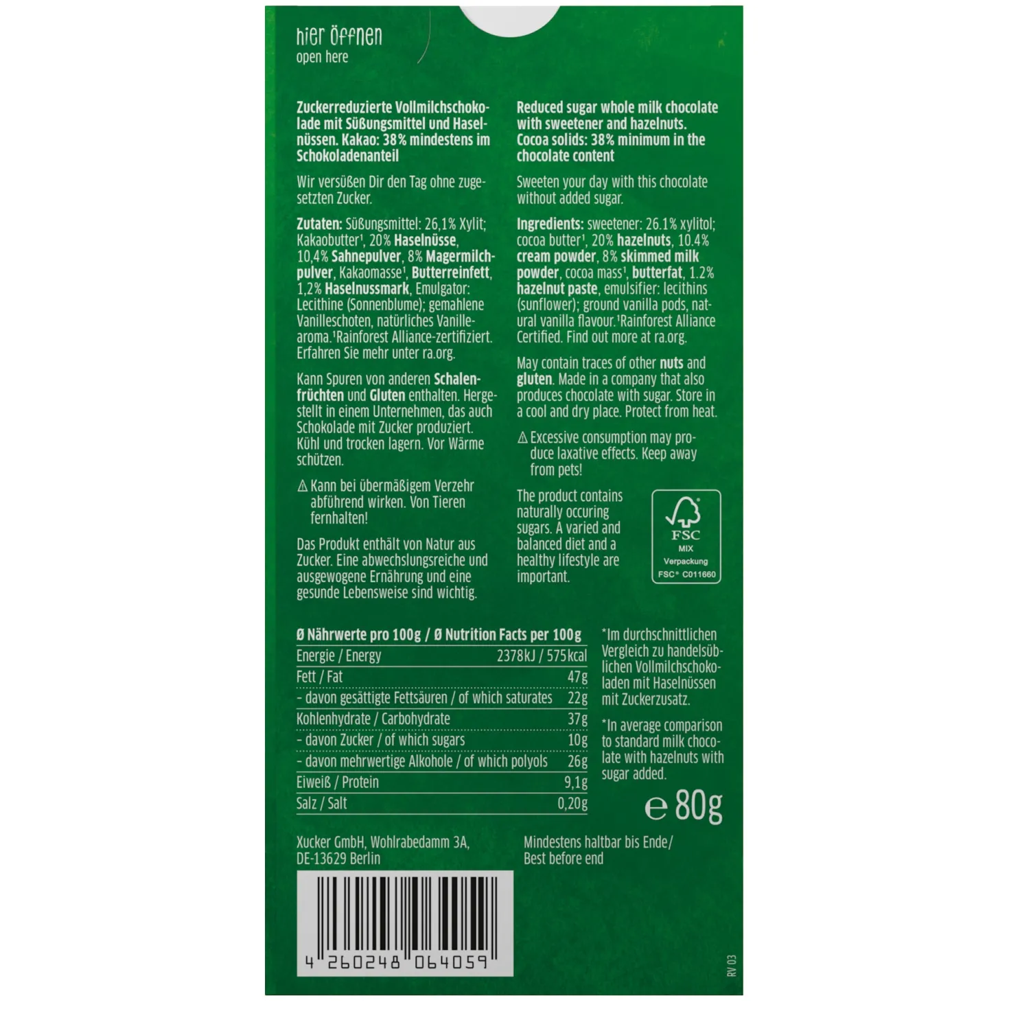 Xylit-Schokolade Vollmilch mit Haselnuss (80g)